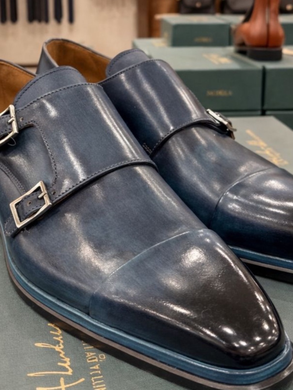 Men's Blue Double Monk Strap Leather Dress shoes